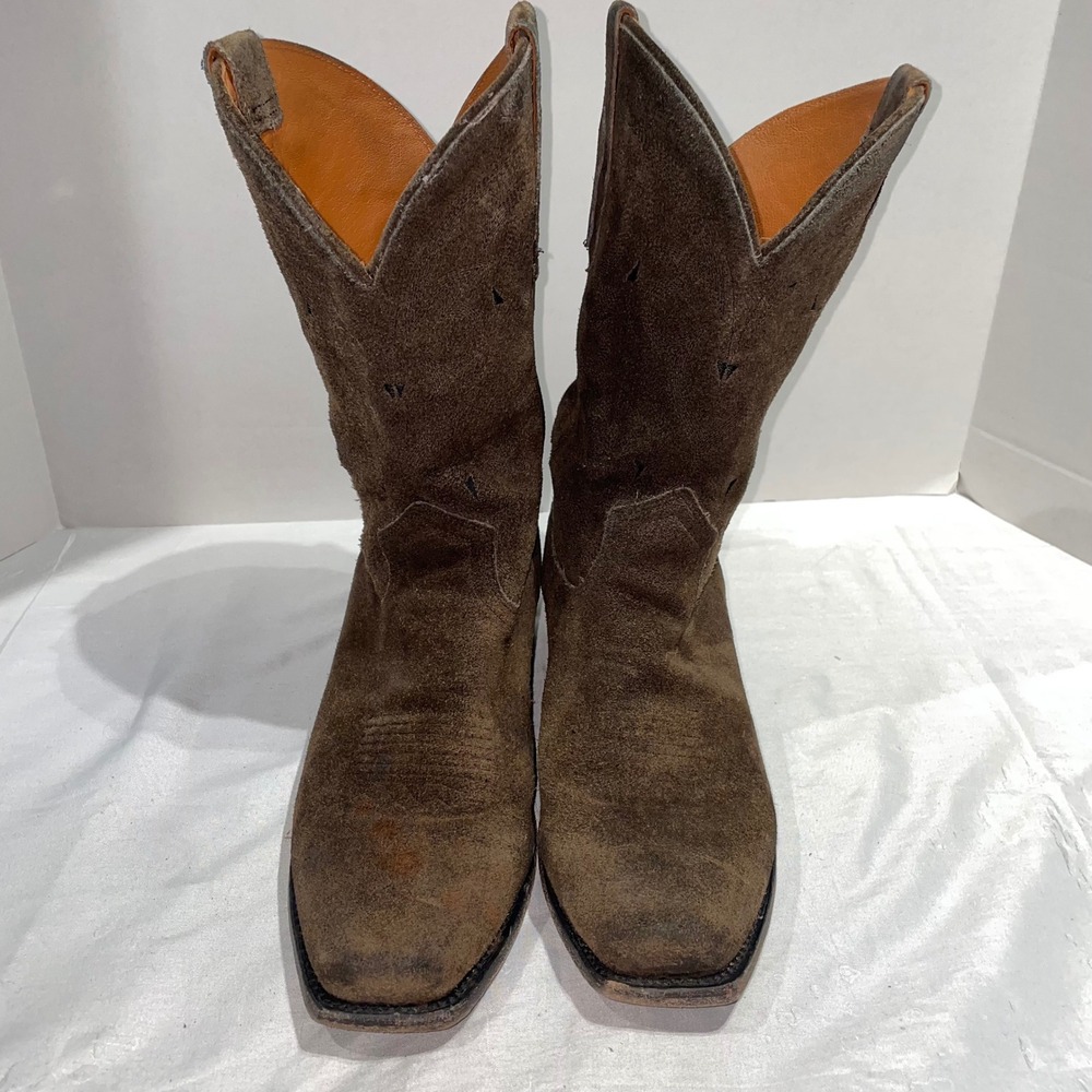 Moon Shine Brown Suede Western Cowboy Boots Square Toe Block Heel Pull On Boots - Picture 5 of 13